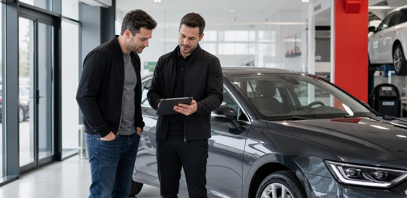Consultant Centru Daune Auto Ilfov discutând cu un client într-un centru auto premium